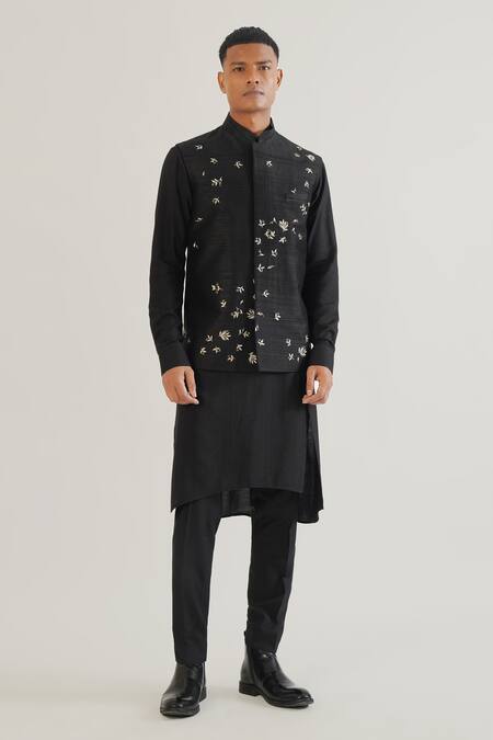 Dhruv Vaish Black Silk Embroidery Floral Jawahar Jacket Online at Aza Fashions Dhruv Vaish_Black Silk Embroidery Floral Jawahar Jacket_Online_at_Aza_Fashions