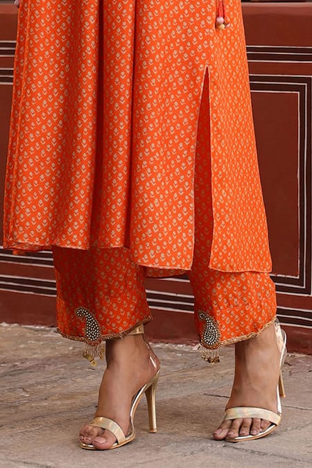 Buy Label Niti Bothra Orange Silk Embroidery Asymmetric Gathered Floret Butti Print Kurta With Pant Online at Aza Fashions Buy_Label Niti Bothra_Orange Silk Embroidery Asymmetric Gathered Floret Butti Print Kurta With Pant _Online_at_Aza_Fashions