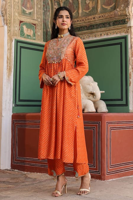 Shop_Label Niti Bothra_Orange Silk Embroidery Asymmetric Gathered Floret Butti Print Kurta With Pant _Online_at_Aza_Fashions