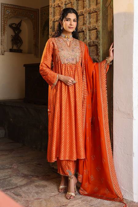 Shop_Label Niti Bothra_Orange Silk Embroidery Asymmetric Gathered Floret Butti Print Kurta With Pant 