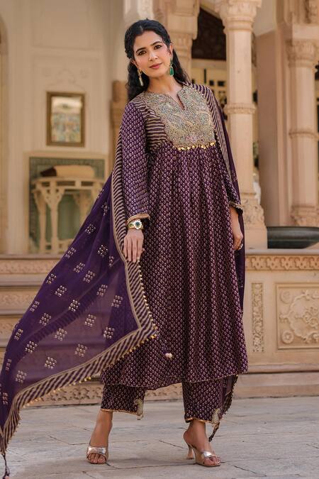 Buy_Label Niti Bothra_Purple Silk Zari, Embroidery Split Gathered Flower Butti Print Kurta Pant Set _Online_at_Aza_Fashions
