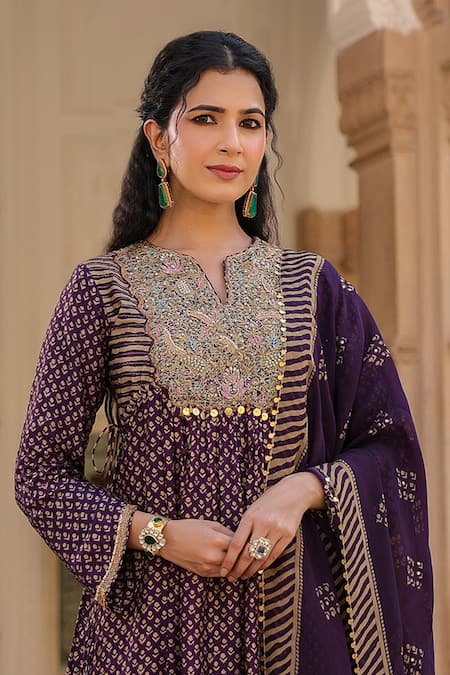 Shop_Label Niti Bothra_Purple Silk Zari, Embroidery Split Gathered Flower Butti Print Kurta Pant Set _Online_at_Aza_Fashions