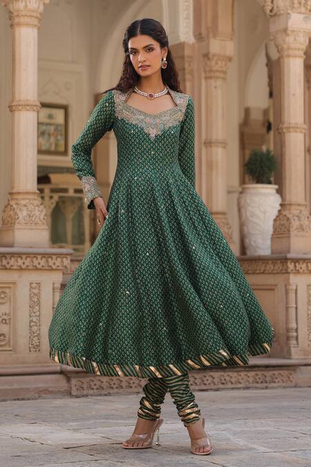 Label Niti Bothra_Green Silk, Organza Zari, Embroidery Floret Butti Print Anarkali Churidar Set _Online_at_Aza_Fashions