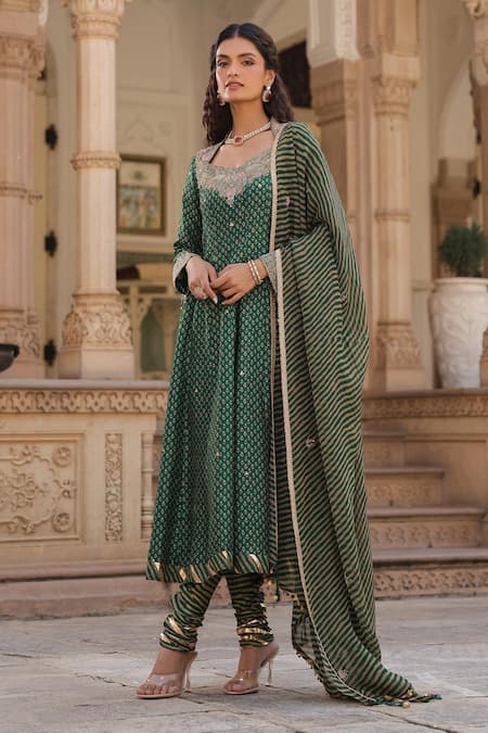Buy_Label Niti Bothra_Green Silk, Organza Zari, Embroidery Floret Butti Print Anarkali Churidar Set _Online_at_Aza_Fashions