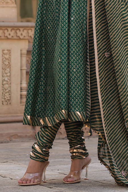 Shop_Label Niti Bothra_Green Silk, Organza Zari, Embroidery Floret Butti Print Anarkali Churidar Set _Online_at_Aza_Fashions