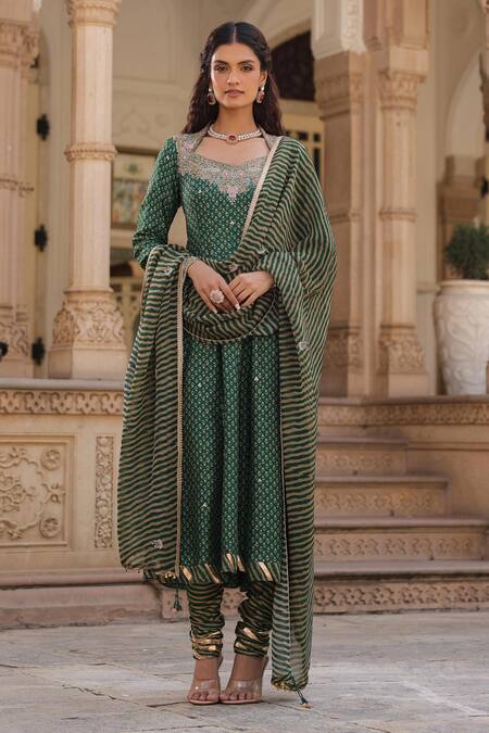 Label Niti Bothra_Green Silk, Organza Zari, Embroidery Floret Butti Print Anarkali Churidar Set _at_Aza_Fashions