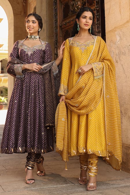 Label Niti Bothra_Yellow Silk, Organza, Cotton Embroidery Flower Butti Print Anarkali Churidar Set _Online_at_Aza_Fashions