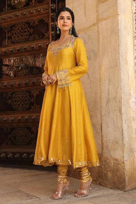 Shop_Label Niti Bothra_Yellow Silk, Organza, Cotton Embroidery Flower Butti Print Anarkali Churidar Set _Online_at_Aza_Fashions