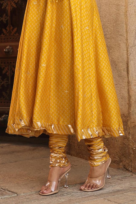 Label Niti Bothra_Yellow Silk, Organza, Cotton Embroidery Flower Butti Print Anarkali Churidar Set _at_Aza_Fashions