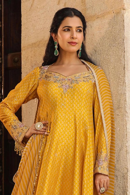 Shop_Label Niti Bothra_Yellow Silk, Organza, Cotton Embroidery Flower Butti Print Anarkali Churidar Set 