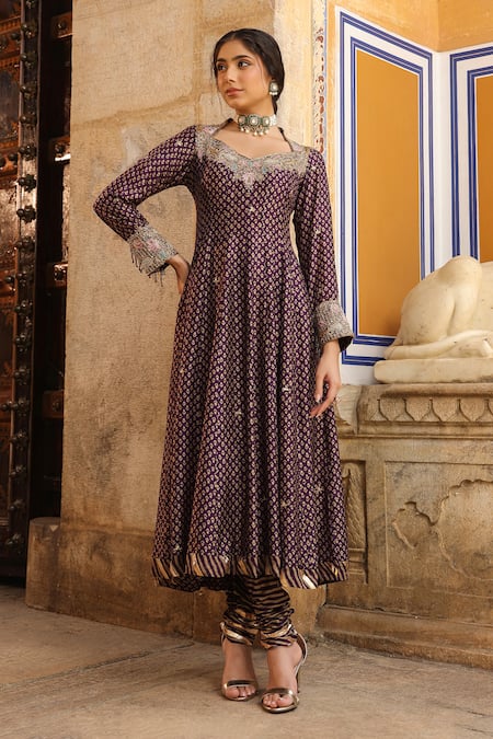 Label Niti Bothra_Purple Silk, Organza Embroidery, Zari Floret Butti Print Anarkali Churidar Set _Online_at_Aza_Fashions