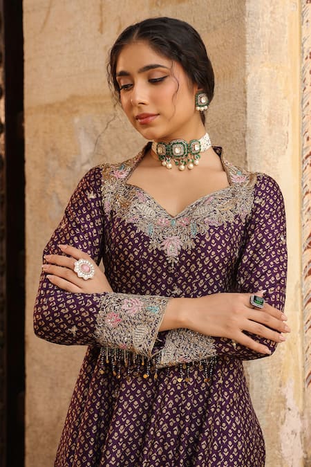 Buy_Label Niti Bothra_Purple Silk, Organza Embroidery, Zari Floret Butti Print Anarkali Churidar Set _Online_at_Aza_Fashions