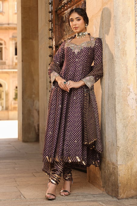 Shop_Label Niti Bothra_Purple Silk, Organza Embroidery, Zari Floret Butti Print Anarkali Churidar Set _Online_at_Aza_Fashions