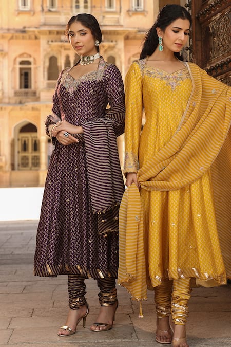 Label Niti Bothra_Purple Silk, Organza Embroidery, Zari Floret Butti Print Anarkali Churidar Set _at_Aza_Fashions