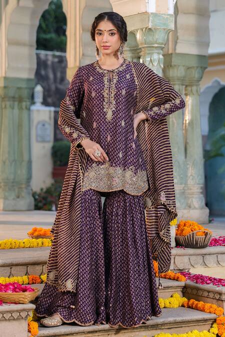 Label Niti Bothra_Purple Silk, Organza Sequins, Floret Butti Print Short Kurta Sharara Set _Online_at_Aza_Fashions