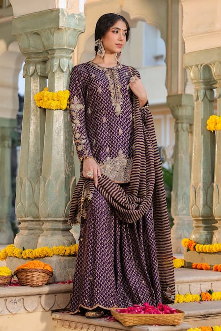 Buy_Label Niti Bothra_Purple Silk, Organza Sequins, Floret Butti Print Short Kurta Sharara Set _Online_at_Aza_Fashions