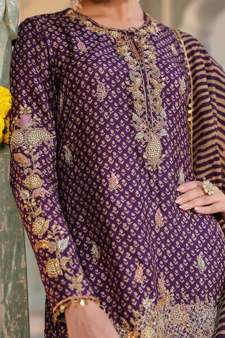 Shop_Label Niti Bothra_Purple Silk, Organza Sequins, Floret Butti Print Short Kurta Sharara Set _Online_at_Aza_Fashions