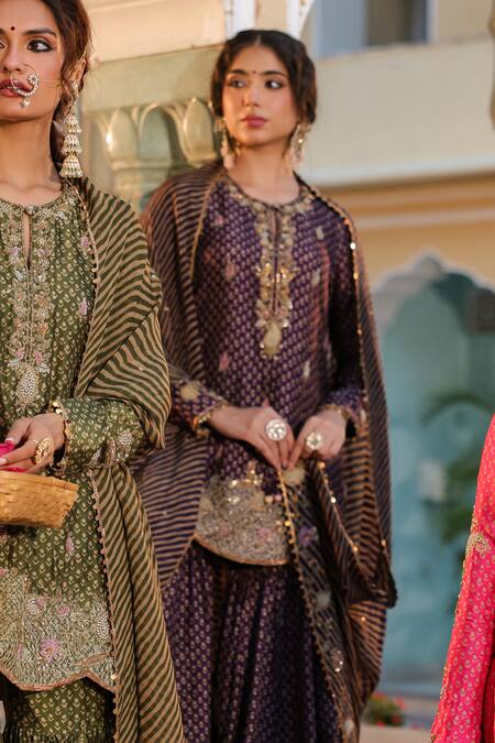 Label Niti Bothra_Purple Silk, Organza Sequins, Floret Butti Print Short Kurta Sharara Set _at_Aza_Fashions