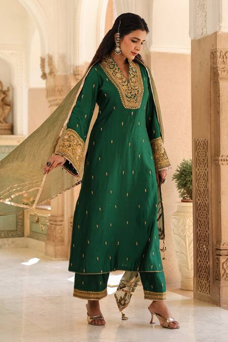 Label Niti Bothra_Green Silk Embroidery Collared Butti Kurta With Palazzo _Online_at_Aza_Fashions