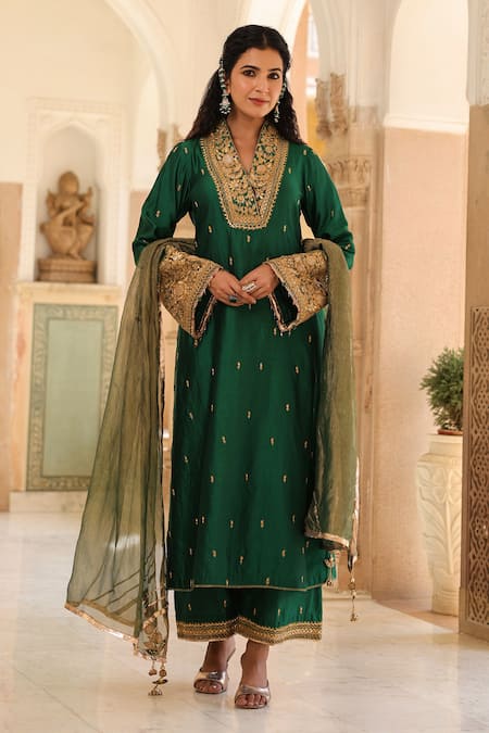 Shop_Label Niti Bothra_Green Silk Embroidery Collared Butti Kurta With Palazzo _Online_at_Aza_Fashions