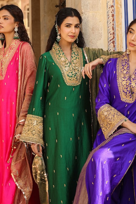 Buy_Label Niti Bothra_Green Silk Embroidery Collared Butti Kurta With Palazzo 