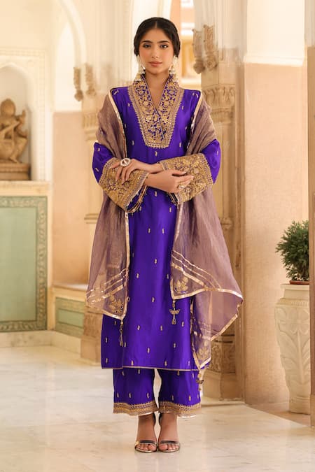 Label Niti Bothra_Blue Silk Embroidery Collared Butti Straight Kurta With Palazzo _Online_at_Aza_Fashions