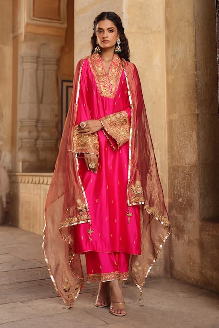 Label Niti Bothra Silk Butti Embroidered Straight Kurta With Palazzo 