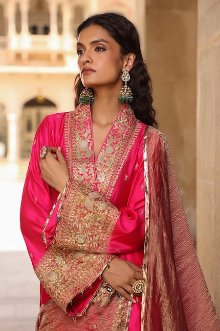 Buy_Label Niti Bothra_Pink Silk Embroidery Collared Butti Straight Kurta With Palazzo _Online_at_Aza_Fashions