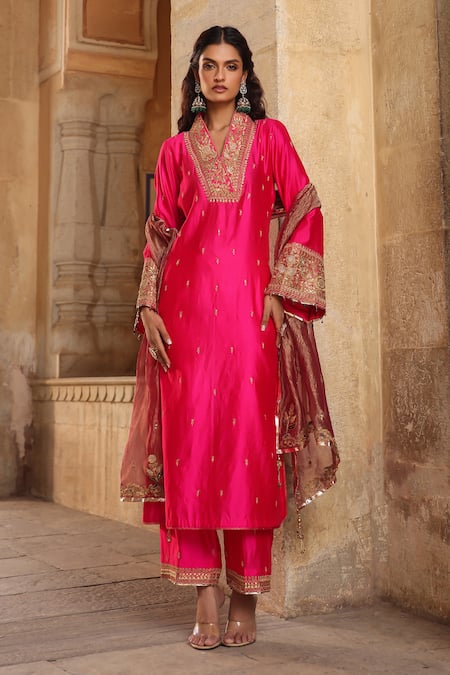 Shop_Label Niti Bothra_Pink Silk Embroidery Collared Butti Straight Kurta With Palazzo _Online_at_Aza_Fashions