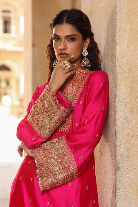 Shop_Label Niti Bothra_Pink Silk Embroidery Collared Butti Straight Kurta With Palazzo 