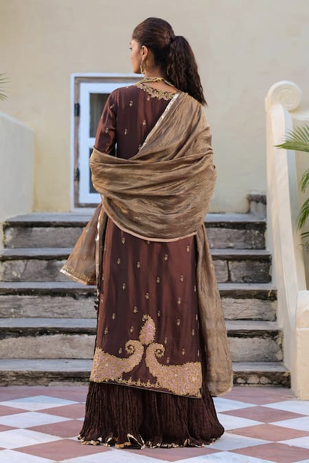 Shop_Label Niti Bothra_Brown Silk, Tissue Sequins, Embroidery, Butti Attached Skirt Kurta With Dupatta _at_Aza_Fashions