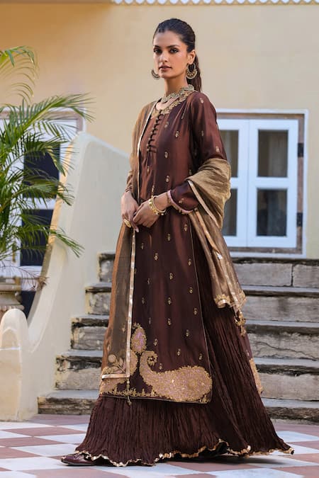 Label Niti Bothra_Brown Silk, Tissue Sequins, Embroidery, Butti Attached Skirt Kurta With Dupatta _Online_at_Aza_Fashions