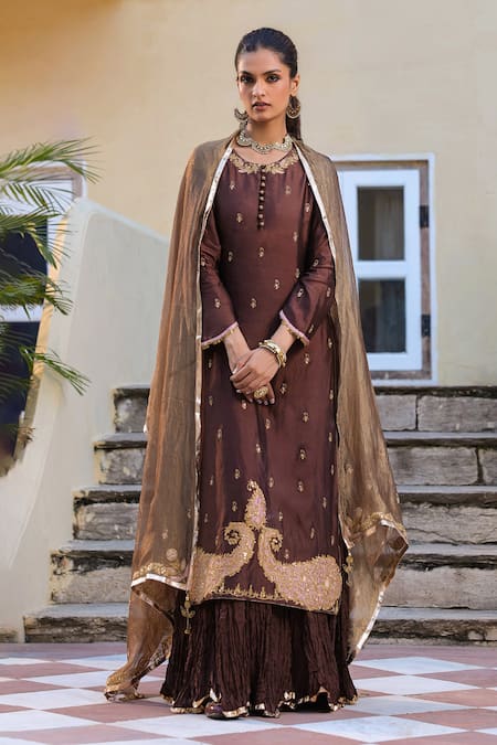 Shop_Label Niti Bothra_Brown Silk, Tissue Sequins, Embroidery, Butti Attached Skirt Kurta With Dupatta _Online_at_Aza_Fashions