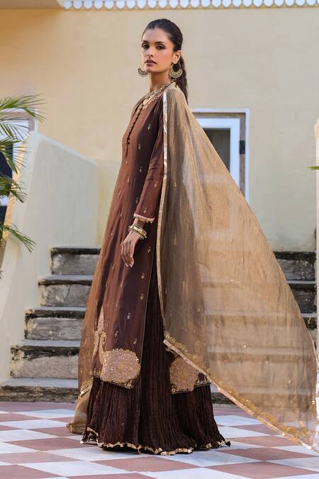 Label Niti Bothra_Brown Silk, Tissue Sequins, Embroidery, Butti Attached Skirt Kurta With Dupatta _at_Aza_Fashions
