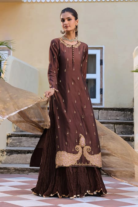 Buy_Label Niti Bothra_Brown Silk, Tissue Sequins, Embroidery, Butti Attached Skirt Kurta With Dupatta 