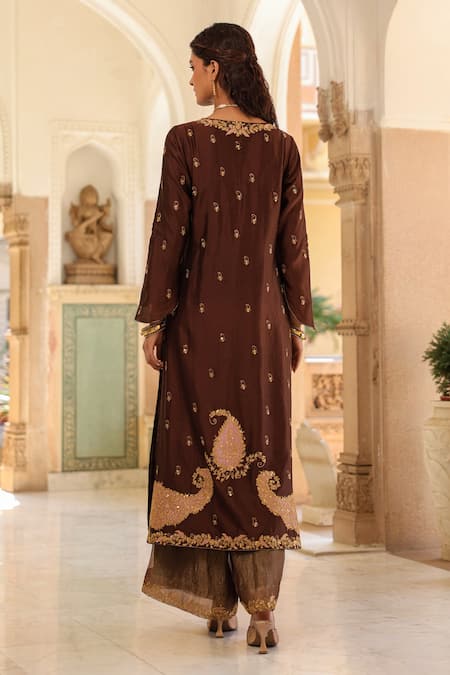 Shop_Label Niti Bothra_Purple Tissue Embroidery Round Neck Riwayat Applique Kurta Pant Set _at_Aza_Fashions