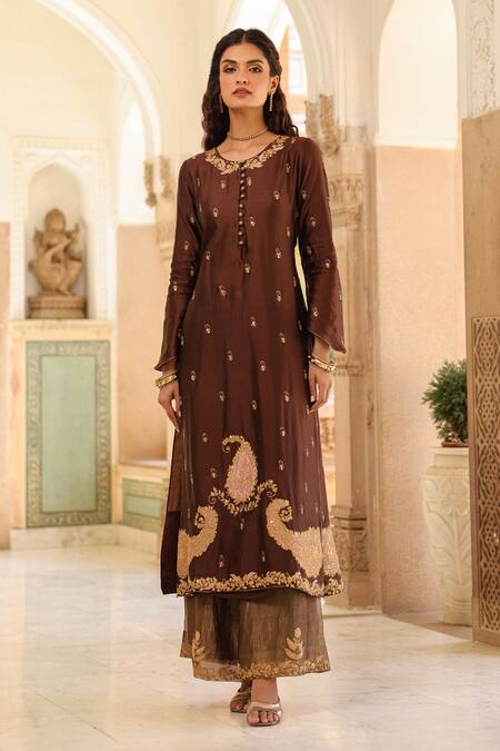 Shop_Label Niti Bothra_Purple Tissue Embroidery Round Neck Riwayat Applique Kurta Pant Set _Online_at_Aza_Fashions