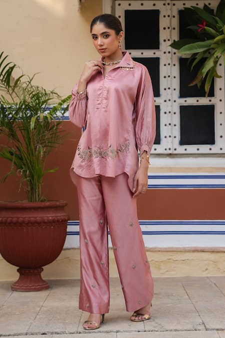 Buy_Label Niti Bothra_Pink Pure Cotton, Silk Zari, Embroidery Riwayat Zardozi Shirt And Pant Set _Online_at_Aza_Fashions