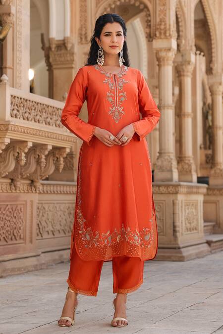 Label Niti Bothra_Orange Silk, Chiffon Pearls, Sequins, Zari Zardozi And Embroidered Kurta Pant Set _Online_at_Aza_Fashions
