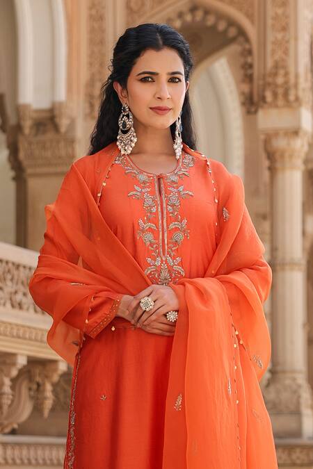 Shop_Label Niti Bothra_Orange Silk, Chiffon Pearls, Sequins, Zari Zardozi And Embroidered Kurta Pant Set _Online_at_Aza_Fashions