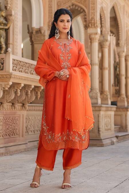 Label Niti Bothra_Orange Silk, Chiffon Pearls, Sequins, Zari Zardozi And Embroidered Kurta Pant Set _at_Aza_Fashions