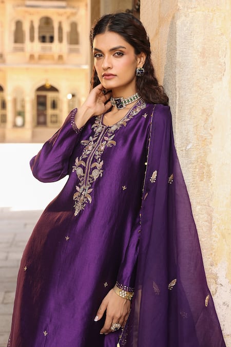 Shop_Label Niti Bothra_Purple Silk Pearls, Sequins, Zari Round Zardozi And Embroidered Kurta Pant Set _Online_at_Aza_Fashions