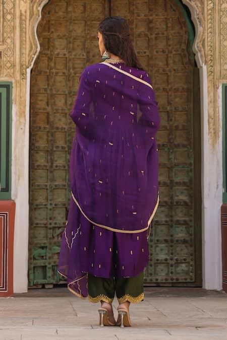 Shop_Label Niti Bothra_Purple Silk Zari, Embroidery V-neck Anarkali And Pant Set _at_Aza_Fashions