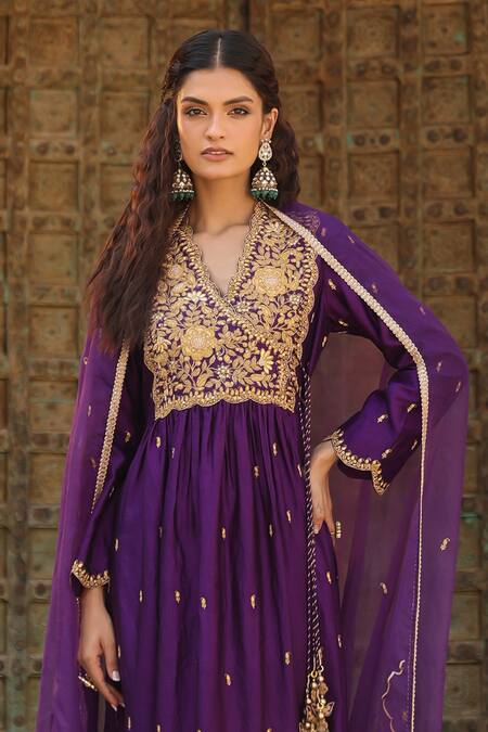 Label Niti Bothra Purple Silk Zari, Embroidery V-neck Anarkali And Pant Set Online at Aza Fashions Label Niti Bothra_Purple Silk Zari, Embroidery V-neck Anarkali And Pant Set _Online_at_Aza_Fashions