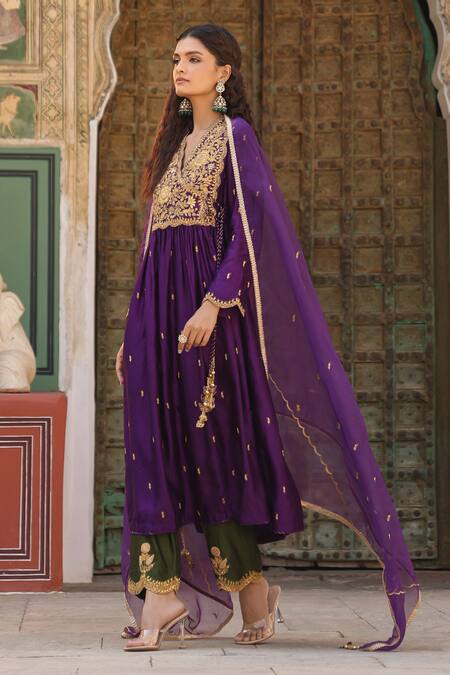 Buy_Label Niti Bothra_Purple Silk Zari, Embroidery V-neck Anarkali And Pant Set _Online_at_Aza_Fashions