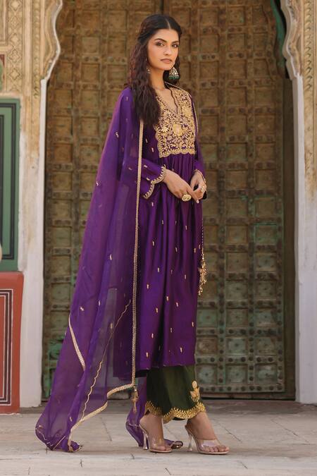 Shop_Label Niti Bothra_Purple Silk Zari, Embroidery V-neck Anarkali And Pant Set _Online_at_Aza_Fashions