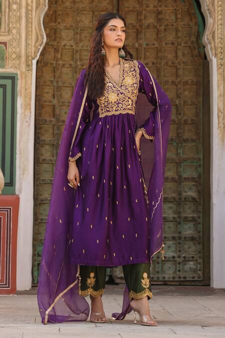 Label Niti Bothra_Purple Silk Zari, Embroidery V-neck Anarkali And Pant Set _at_Aza_Fashions