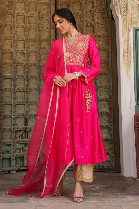 Buy_Label Niti Bothra_Pink Silk Zari, Embroidery V-neck Work Anarkali And Pant Set _Online_at_Aza_Fashions