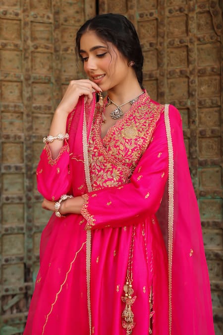 Shop_Label Niti Bothra_Pink Silk Zari, Embroidery V-neck Work Anarkali And Pant Set _Online_at_Aza_Fashions