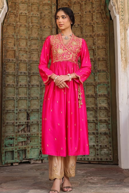 Label Niti Bothra_Pink Silk Zari, Embroidery V-neck Work Anarkali And Pant Set _at_Aza_Fashions